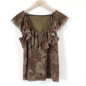 Womens Green Size XL Short Sleeve Ruffle Layered Paisley Print Blouse Top Summer